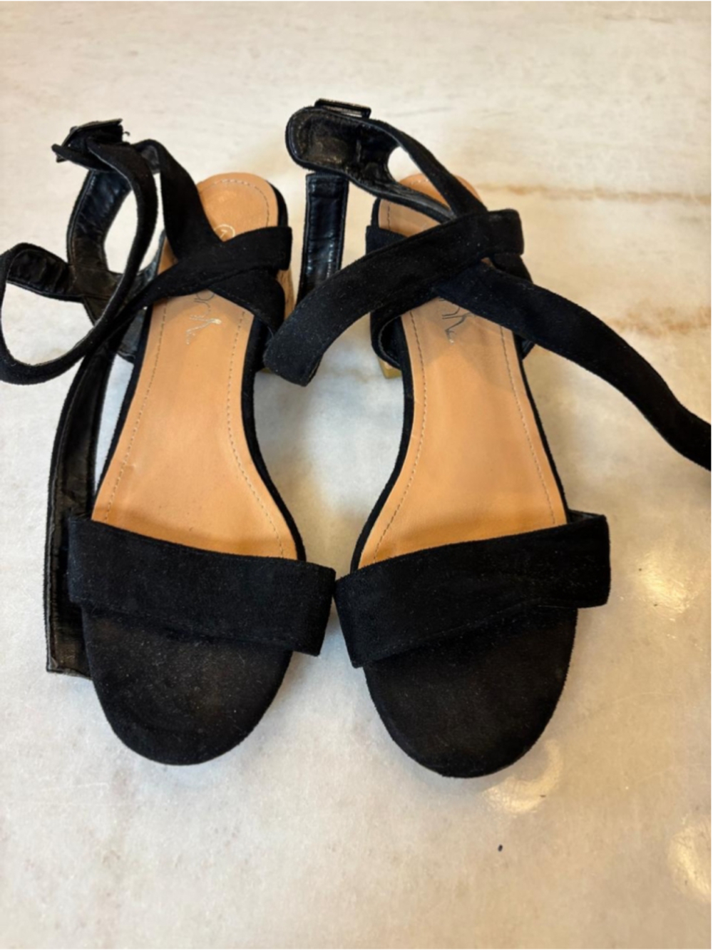 Black Faux Suede Block Heel Ankle Strap Sandals Cork Heel Size 7 #S128